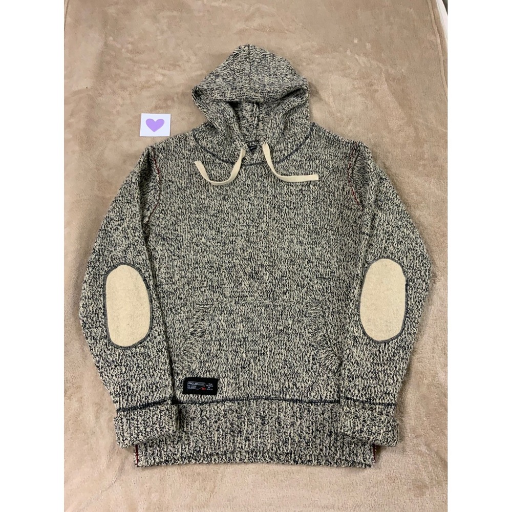 Projek Raw Knit Hoodie sweatshirt Mens Medium Black white Wool Elbow Patches EUC
